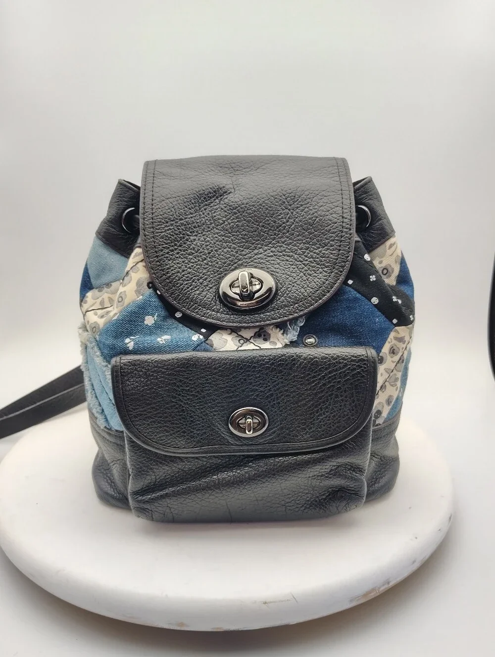 Rare Coach Black Leather & Blue Patchwork Mini Backpack